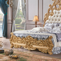 Bester Preis Maßgefertigtes Rokoko-Bett mit Blattgold und Leder Königliches Massivholzbett