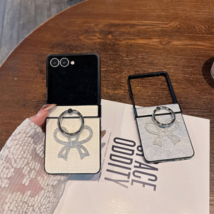 Étui de téléphone de luxe élégant avec strass étincelants et nœud, motif crocodile en jean, pour Z Flip 7 6 5 4 3, avec support anneau, coque de protection féminine - Product Image 1