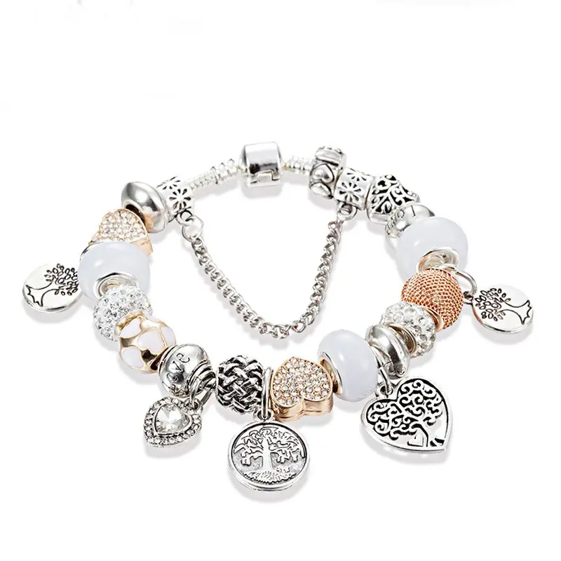 Tree Of Life Pendant Bracelet Luxury Crystal Heart Charm Gold Bracelets Bangles Large Hole Glass Beads Bracelet
