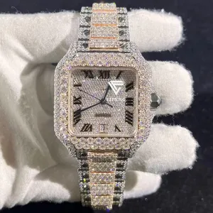 最佳质量双色VVS硅石手表半身像冰镇男士豪华方形钻石嘻哈自动机器手表