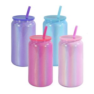 Vaso Térmico de Acero Inoxidable de Doble Pared de 16oz para Sublimación, con Brillo y Purpurina, Tipo Lata de Cerveza/Mason Jar, con Tapa y Popote - Product Image 4