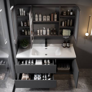 Nouvelle armoire de salle de bain murale minimaliste moderne en contreplaqué multicouche avec lavabo en céramique intégré - Product Image 4