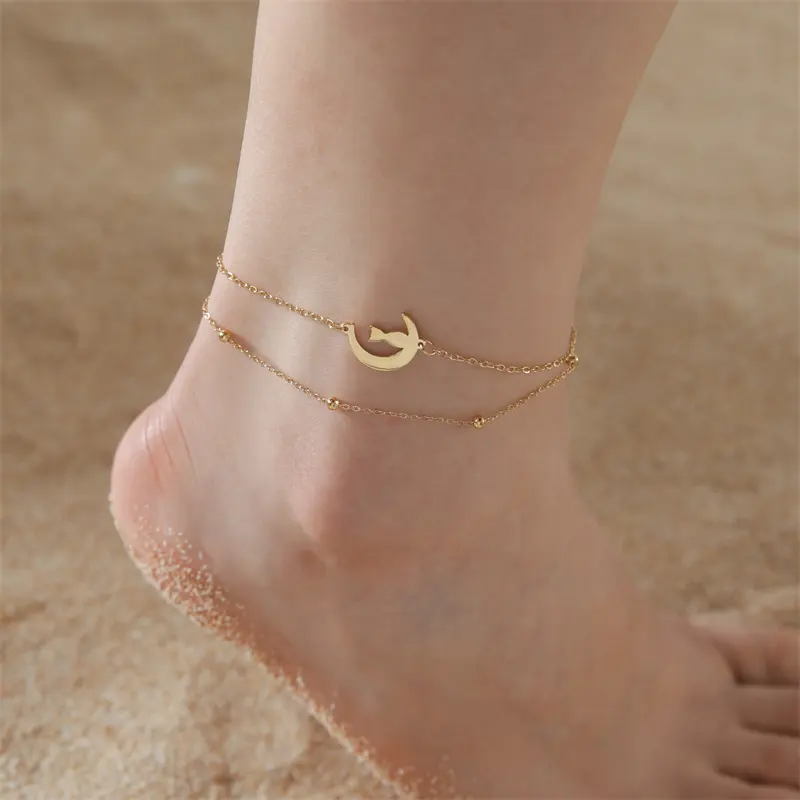 Novidades moda verão feminino banhado a ouro gato lua charme duplo larer miçangas corrente tornozeleiras joia para pés em aço inoxidável