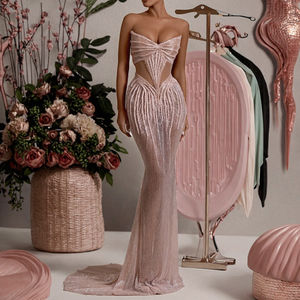 Vestido Maxi Beige sin Tirantes con Escote Corazón, Diseño Calado, Estilo Sirena, para Fiesta de Graduación, Celebridades, Eventos Nocturnos, Antiestático y Transpirable - Product Image 3