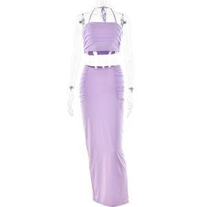 Summer Halter Neck Bandeau Two Piece <b>Set</b> Purple Solid Color Backless Slit Long Skirt Casual Women's <b>Sets</b> - Product Image 5