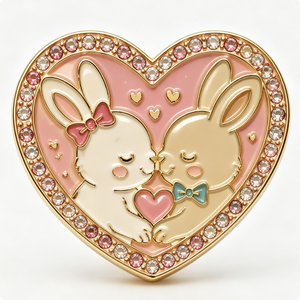 Heart-Shaped Gold-Plated Metal <b>Pin</b> With Enamel Bunny Couple And Rhinestones For Valentine'S Day Love Theme - Product Image 2