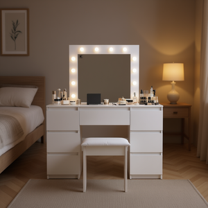 Coiffeuse blanche élégante avec miroir et éclairage pour chambre à coucher - Product Image 2