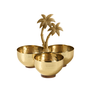 Bandeja de Servir de Metal Dorado Martillado de Lujo con 3 Recipientes y Asa Central con Diseño de Palmera, Juego Decorativo para Exhibir Frutas, Aperitivos y Condimentos - Product Image 3