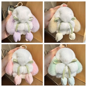 Mới đến thỏ Keychain Vòng Fluffy lông thú thật pompon Bunny đính móc chìa khóa món quà quyến rũ dễ thương vòng chìa khóa trên túi chìa khóa xe Mặt dây chuyền - Product Image 5