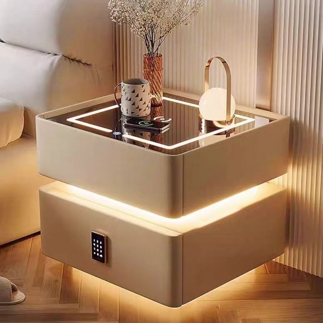 15W Wireless Charging Smart Nightstand Fingerprint Lock Bluetooth Speaker LED Bedside Table Dual Drawer Storage Bed Furniture