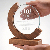 Trofeo de Cristal Circular Personalizado con Base de Madera, Placa de Vidrio Redonda con Impresión UV a Color, Reconocimiento Corporativo