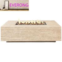 Table de foyer extérieur rectangulaire EV STONE en travertin italien naturel avec couvercle de réservoir de propane et chauffage de terrasse