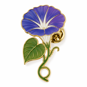 Pin de solapa de esmalte suave personalizado con diseño de flor de trompeta morado-azul, chapado en oro, con hoja y guirnalda, promocional OEM - Product Image 1