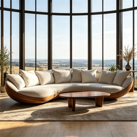 Italienisches Designer Gebogenes Stoffsofa Mid-Century Modern Walnussholz-Basis Anpassbare Leinen-Polsterung für Zuhause & Hotellobby