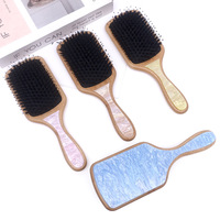 Sikat Rambut Baru dari Kayu dengan Resin di Bagian Belakang, Motif Bunga, Sikat Rambut Asetat dengan Logo, Sikat Pengering Rambut Bulu Babi dari Bambu