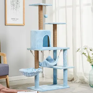 Pabrik Sisal Cat Memanjat Bingkai Kayu Tiga Lantai Pet Scratch Post Jumping Platform Hammock Pohon