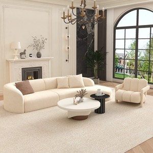 Divano a Tre Posti in Tessuto di Lana d'Agnello Color Crema, Moderno e Minimalista, Curvo, per Reception, Salotti e Hall di Hotel - Product Image 3