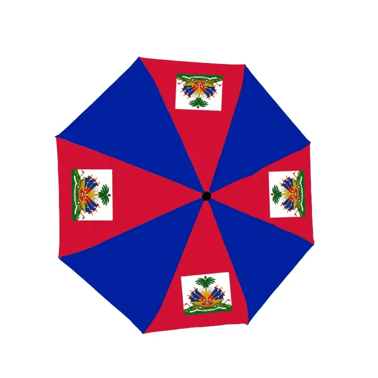 Groothandel Custom Draagbare 190T Pongezijdestof Regen Automatische Opvouwbare Haïtiaanse Vlag Paraplu Voor Outdoor Evenement