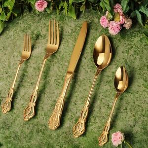 Cuchara y tenedor de acero inoxidable, cubiertos brillantes, juego de cubiertos de gama alta chapados en oro de lujo - Product Image 1