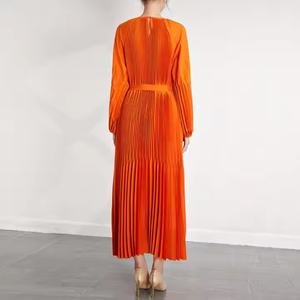 Vestido Midi Informal de Oficina, Tejido Plisado de Chifón, Diseño de Parches con Patrón Sólido, Cintura Elástica, Lavable, Talla XS, Otoño-Primavera - Product Image 4