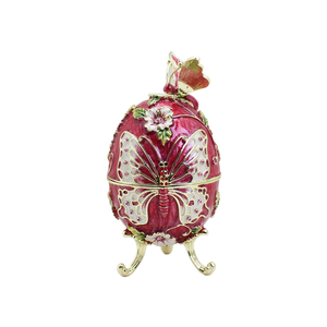 SHINNYGIFTS Faberge moderno ovalado huevo de Pascua esmalte caja de baratija pintado a mano patrón de mariposa decorativo con bisagras Almacenamiento de joyas - Product Image 1