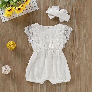 Combinaison d'été pour bébé fille, vêtements pour nouveau-né, barboteuse à manches évasées unie avec dentelle, combinaison pour bébé avec bandeau - Product Image 2