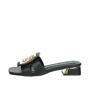 Sandales à talons Laura Biagiotti pour femme, en cuir noir, bout carré, talon bas, style à enfiler - Product Image 1