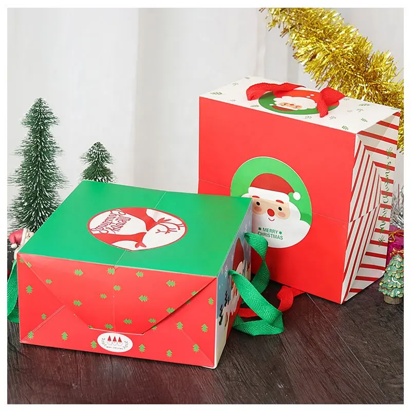 علب للبسكويت بألوان أحمر وأخضر وعيد الميلاد 2024 علب للمخبوزات وحلوى الطعام مزودة بيد مسك علبة تغليف هدايا مُزينة بصور كرتونية للحلويات والتفاح