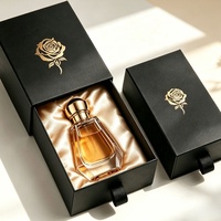 Boîte d'emballage de parfum de luxe avec logo personnalisé, boîte à tiroir en papier noir, boîte à parfum vide en verre, boîte cadeau en gros