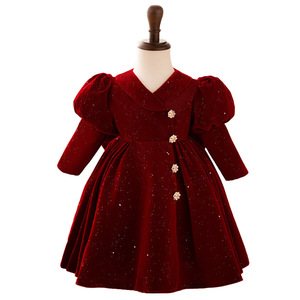 Vestido de Princesa para Niña, Color Vino Tinto, Manga Larga, Terciopelo, para Cumpleaños, Año Nuevo, Semana del Tesoro de la <span class=keywords><strong>Mujer</strong></span>, Vestido de Año Nuevo - Product Image 1