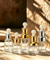 Flacons compte-gouttes en verre transparent avec couvercle or et argent, boîte cadeau personnalisée avec logo, emballage cosmétique pour huiles essentielles, soins de la peau et sérums.
