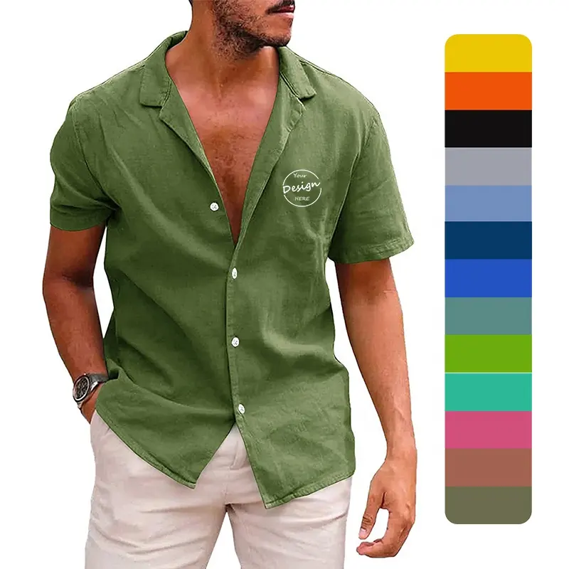 Neueste Leinenhemden für Herren Mode Herren Freizeithemden Polyester Baumwolle Knopfleiste Kurzarmhemden für Herren Einfarbig