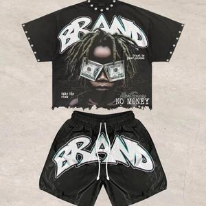 Ensemble de survêtement d'été 2 pièces personnalisable, vintage, écologique, pour homme, décontracté, avec strass, 100 % coton, t-shirt et short, imprimé en usine - Product Image 4