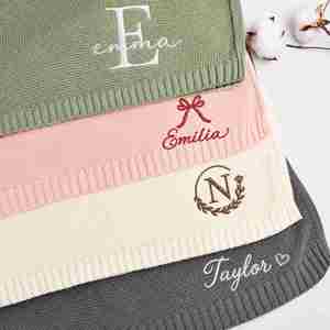 Personalized Name Knitted Cotton <b>Bedding</b> Soft Breathable Stroller & Swaddle Honeycomb Blanket Portable Modern Design - Product Image 6