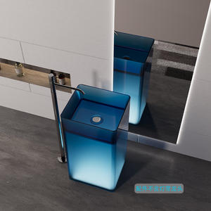 Fregaderos de pedestal transparentes rosas modernos, fregadero de baño de resina pura de <span class=keywords><strong>cristal</strong></span> redondo/ovalado independiente, soporte de suelo, lavado de piedra - Product Image 4