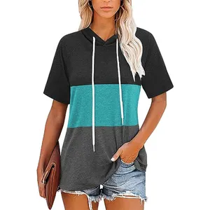 Moda Color Block mujer camiseta Patchwork mujer camiseta rayas finas sudaderas con capucha para verano