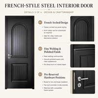Porte intérieure battante en acier à panneau cintrée de style français minimaliste, finition peinte en noir, taille personnalisée, pour chambre de villa