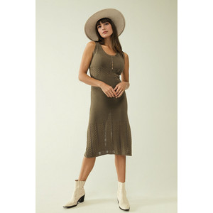 Abito midi in maglia color kaki senza maniche con scollo rotondo - Product Image 4