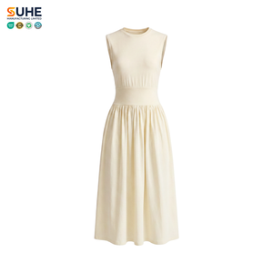 Vestido Elegante de Algodón con Cuello Redondo para Mujer, Sin Mangas, Cintura Fruncida, Estilo Swing, MOQ Bajo, Fabricación Personalizada - Product Image 1