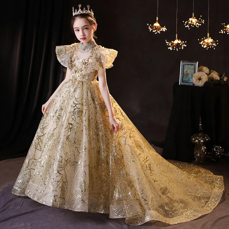 Luxury Gold Sequins Feather Hot Selling Design Kids Boutique Little Girl Ball Gowns Flower Girls Party Dress with Long Train