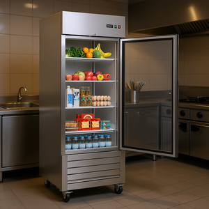 Congélateur vertical commercial de 29,02 pouces avec porte vitrée simple, dégivrage automatique, 4 étagères réglables, équipement de cuisine pour restaurant - Product Image 2