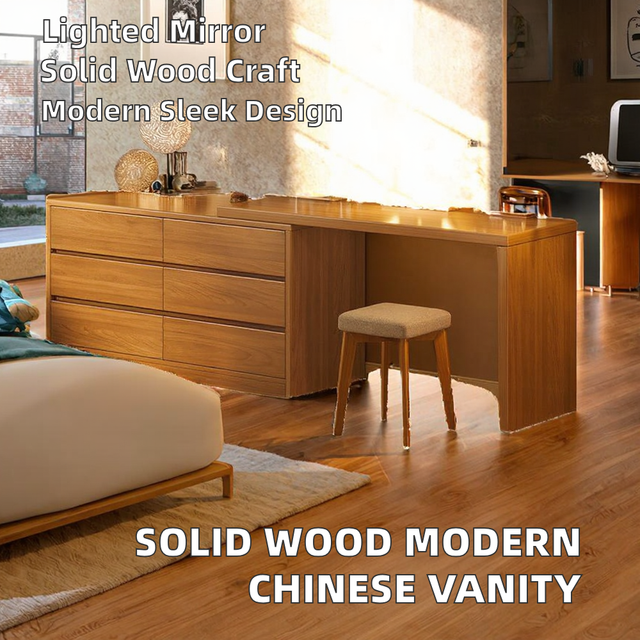 Solid Wood Lighted Mirror Makeup Vanity Table Modern Bedroom Dressing Table with Chinese Style