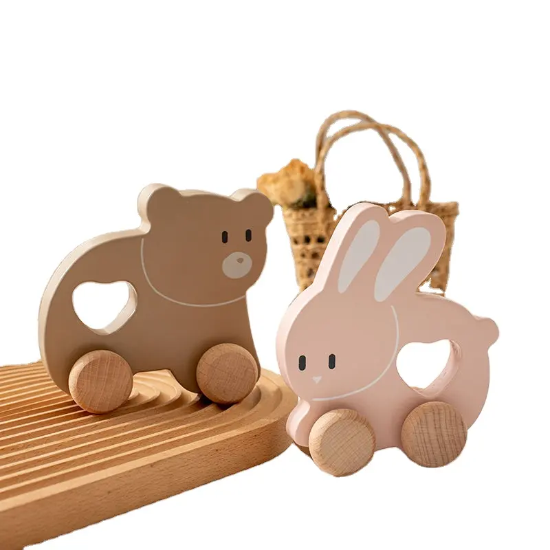 Montessori Mama Wooden Push And Pull Toy Bear - Baby Toy Vintage Pull Toys Learning Activity