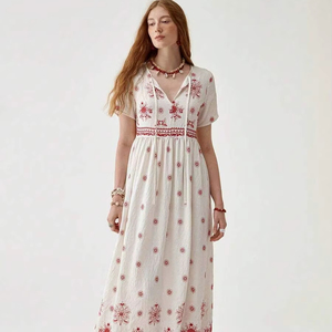 <b>Summer</b> Casual Natural Waist Regular Fit Washable Women Vintage Western Boho Style Short Sleeve Puff <b>Halter</b> Long <b>Dress</b> White - Product Image 1