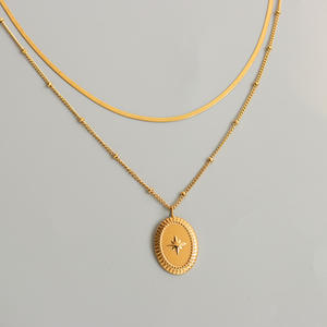 Colgante Oval de acero inoxidable antialérgico chapado en oro de 18K, collar de Estrella del Norte de doble capa, libre de deslustre - Product Image 1
