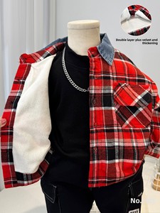 Camisa a cuadros para niño, estilo nuevo invierno 2026, camisa infantil elegante y a la moda con forro polar y tela gruesa, tendencia - Product Image 1