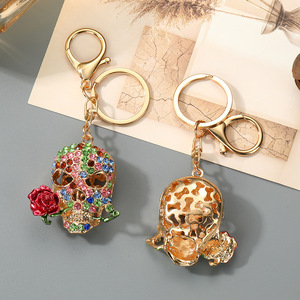 Halloween Skeleton Keychain Rhinestone Rose-Biting Skeleton Pendant Alloy <b>Key</b> <b>Ring</b> Car Bag Charm Holiday Party Gift Wholesale - Product Image 2