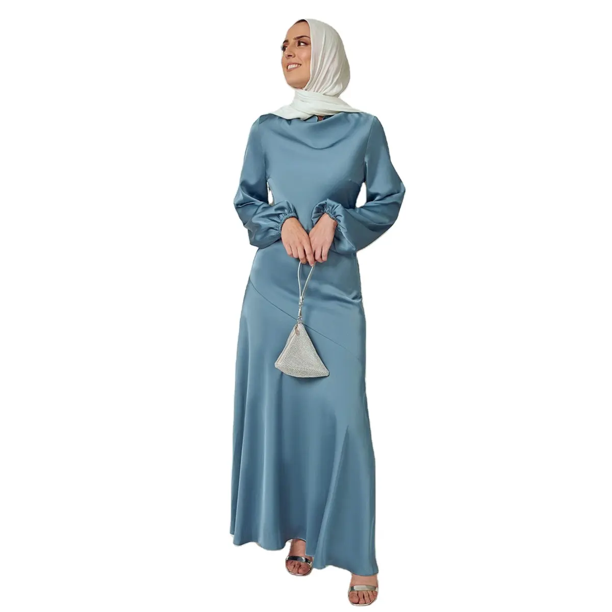 2022 Eid 무바라크 새틴 맥시 Abaya 드레스 이슬람 여성 Kaftan 겸손한 이브닝 드레스 이슬람 의류 긴 가운 가운