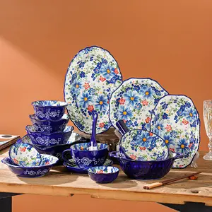 Оптовая Продажа с фабрики, богемные Цветочные чаши с синей ручкой, керамические тарелки и чаши, тисненая печатная посуда, продаваемая в картонных коробках на модели