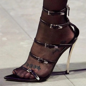 Woman Back Zipper Ankle Buckle Sandals Open Pointed Toe Thin <b>Heel</b> Pumps Ladies Stage Show Party Silk Stiletto Shoe - Product Image 5